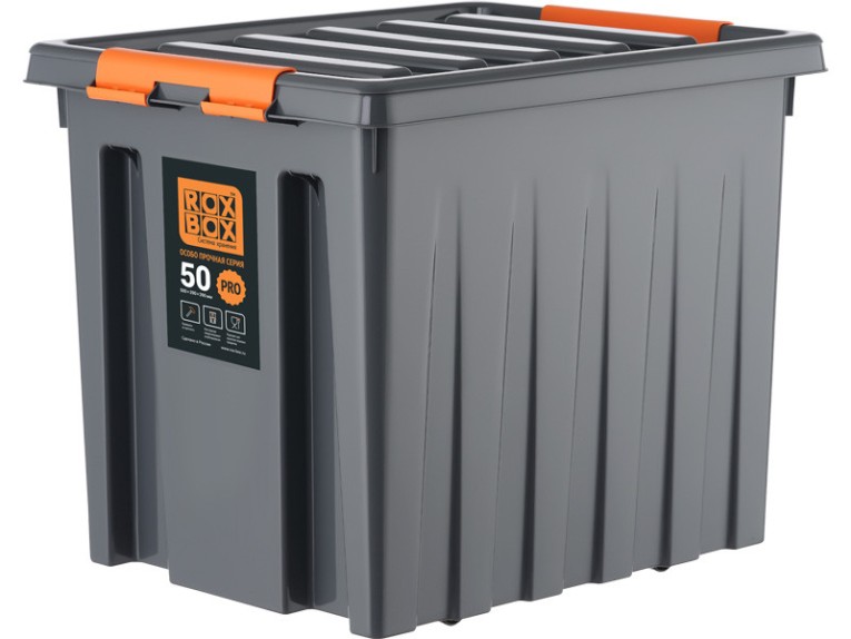Контейнер особопрочный Rox Box PRO 50 (500х390х390 мм с крышкой и клипсами, на роликах, антрацит) купить в Апатитах