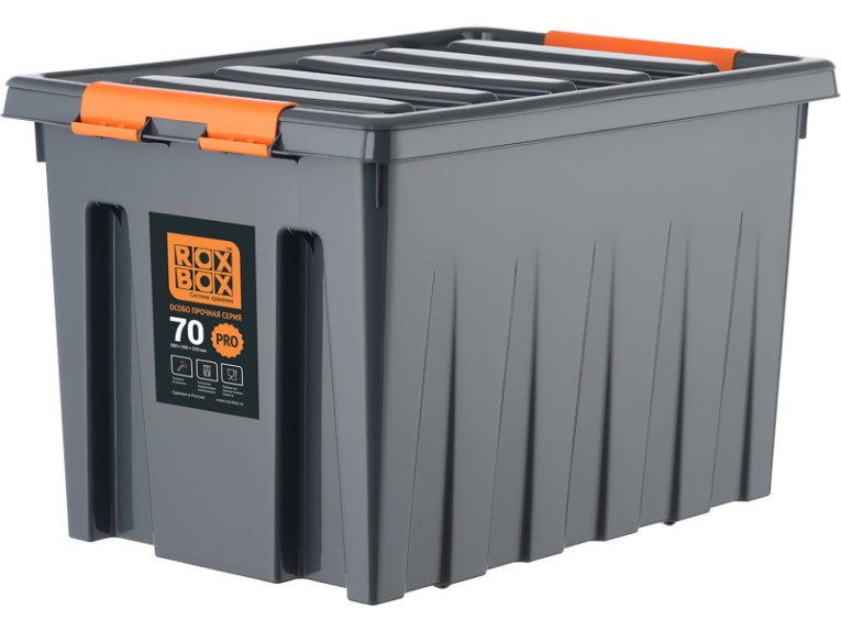 Контейнер особопрочный Rox Box PRO 70 (589х396х355 мм с крышкой и клипсами, на роликах, антрацит) купить в Апатитах